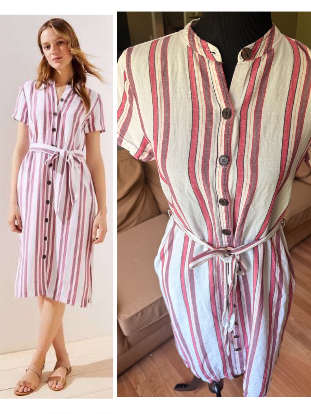 Linen Ann Taylor LOFT Button-Front Pink & White Striped Shirt Dress Tie Waist 4